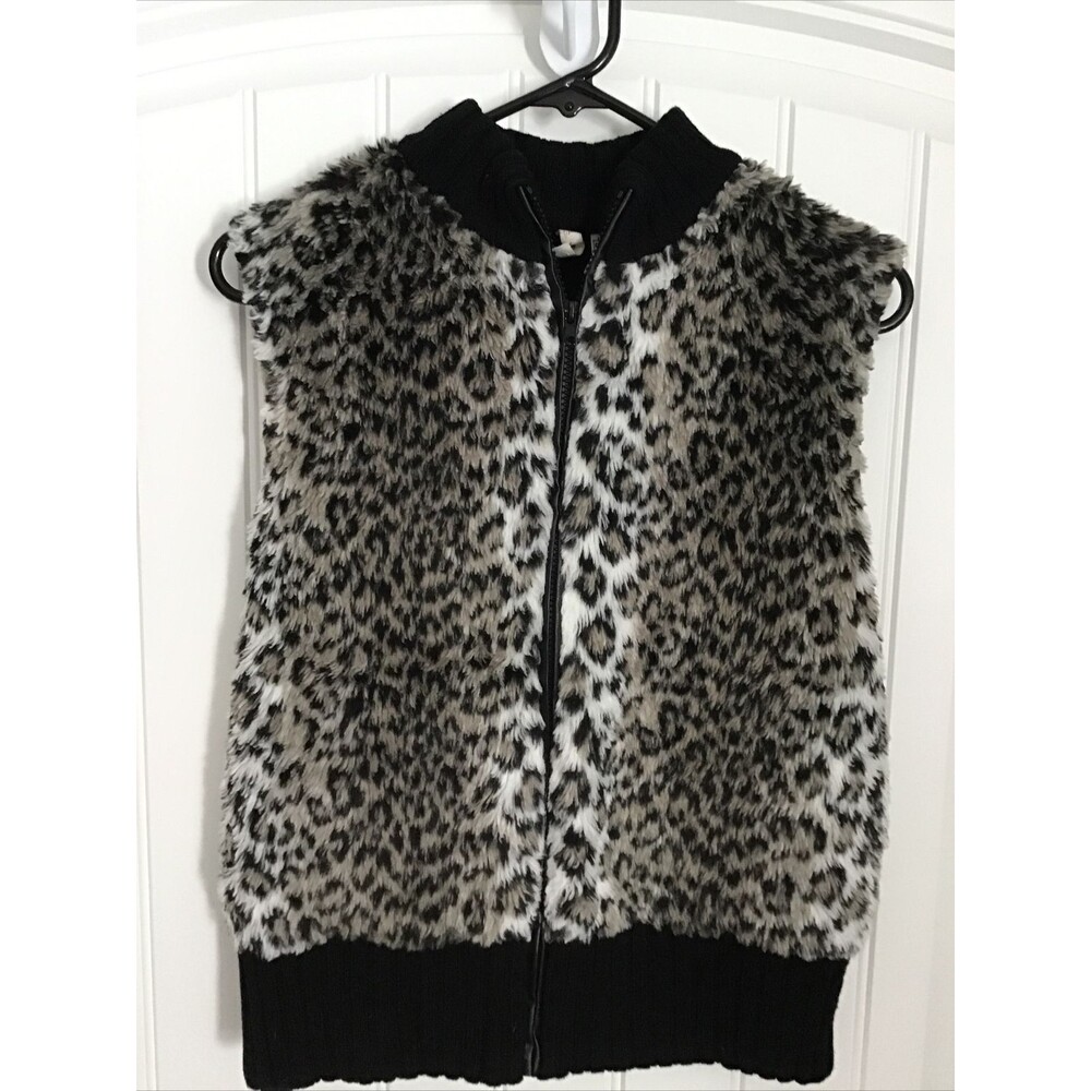VGC Tiara Leopard Print Faux Fur Print w/ Black Knit Black Sleeveless Vest Large
